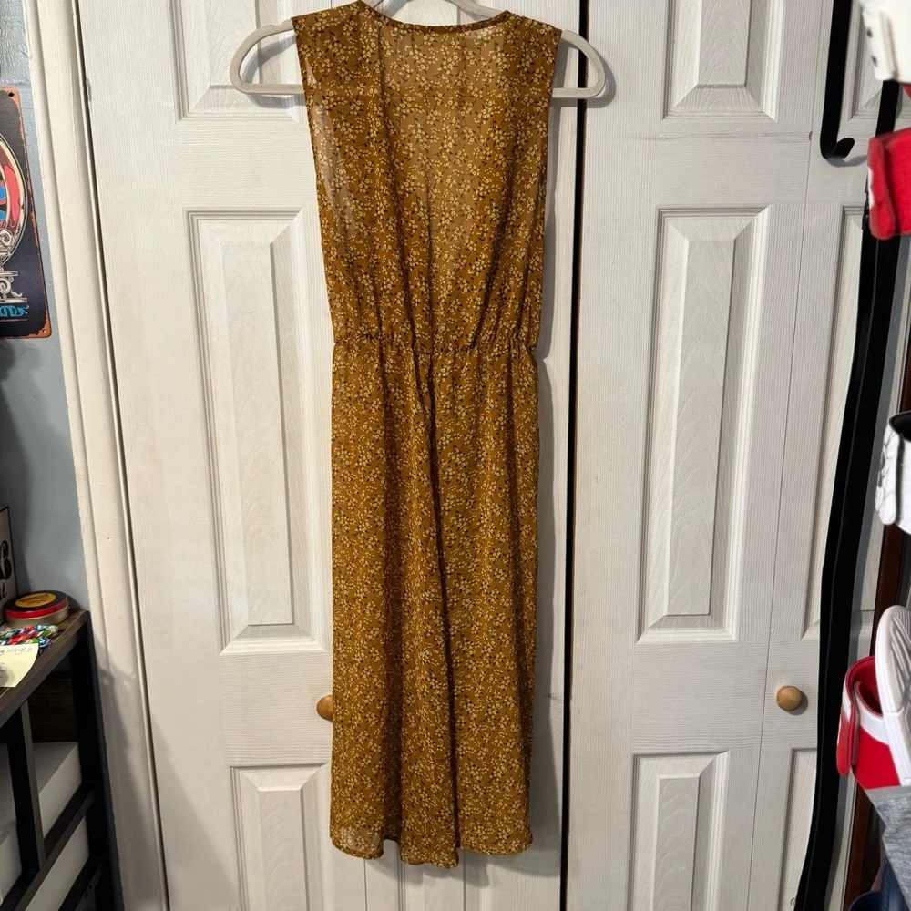 Liberty Love Size Large - Mustard Floral Sleeveless Sheer Kimono with Tie Waist - Picture 2 of 4